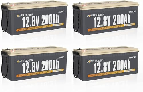 Power Queen LiFePO4 12V 200Ah Batterie 4er-Pack für Boot | 100A BMS, Max. 15000 Zyklen,10 Jahre Lebensdauer, 4P4S, 2560Wh Energy, Perfekt für Wohnmobil, Camping, Solar, Off-Grid