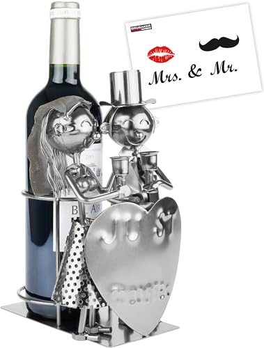 BRUBAKER Weinflaschenhalter Just Married - Metall Flaschenhalter Hochzeit - Wein Geschenk für Brautpaare oder Hochzeitstag - Hochzeitspaar Flaschenständer Deko Figur mit Geschenkkarte
