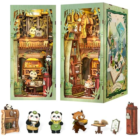 Fsolis Book Nook Kit - DIY Minidockhus Med LED-ljus För Växthus, Böcker, Bibliotek, 3D-dekoration, Pussel, Bokstöd, Trä, Vuxna, Gåvor(Panda Bookshop)