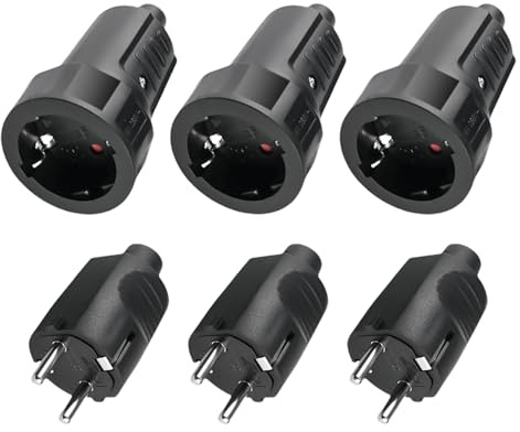 Sporgo Lot de 3 fiches Schuko : fiche 230 V IP44 - Prise de contact de protection avec protection anti-torsion - 2 pôles 16 A et 3,7 kW - En caoutchouc - Pour l'extérieur - Noir - 230 V