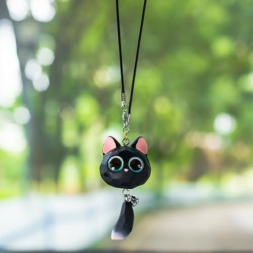 Bonito Adorno Colgante de Coche, Colgante De Decoración De Espejo Gato Retrovisor De Coche Decoración Cute Cat Interior De Coche Lindo Accesorios de Decoración para Coche Regalo de Cumpleaños,Negro