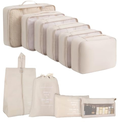 Koffer Organizer Set,10 Stück Packing Cubes, Packwürfel, Reise Gadgets, Kleidertaschen, Schuhbeutel und Kosmetik-Organizer für Koffer und Reise Gadgets (Beige)