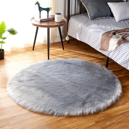 YUGWNN Rund Lammfell Imitat Fellteppich Kunstfell Teppich，Bettvorleger Waschbarer Teppich Hochflor Shaggy，70cm/27.5in Durchmesser，Hellgrau