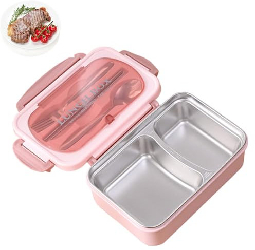 lvifloae portátil compartimentada con aislamiento, caja de acero inoxidable fiambrera termica infantil estudiantes y trabajadores, caja 304, modelo de dos compartimentos, (Rosa)