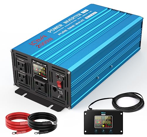 LCYMW 2000W Pure Sine Wave Inverter DC 24V to 110V/120V AC 4000 Watt Peak Power Inverters with 3 AC Outlets USB Charging Port LCD Display and Remote Control Car Solar Converter for Vehicle Home Truck