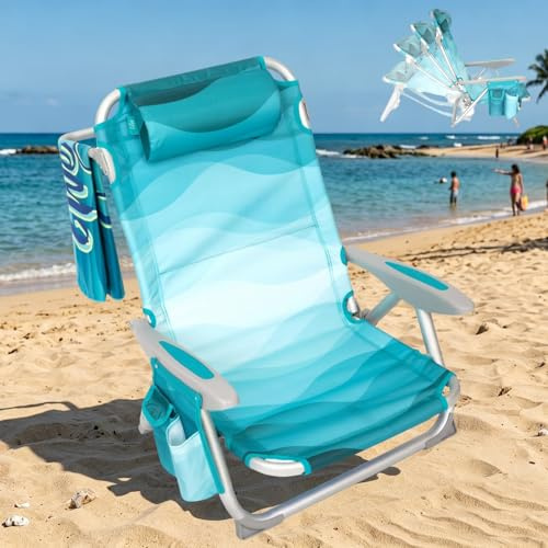 #WEJOY Strandstuhl klappbar Hochlehner Klappstuhl 4 Position Leicht tragbar Stark stabil Campingstuhl Lay Flat Chair Max Hold bis 120kg / 265 lbs Blue Cyan Muster