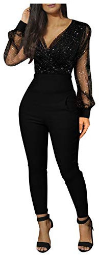 Pailletten Jumpsuit Damen Gold, Overall Damen Elegant Party Langarm Jumpsuit Glitzer Sexy Hosenanzug Romper Lang Pailletten Playsuit Festlich Casual Einteiler Jumpsuits Clubwear