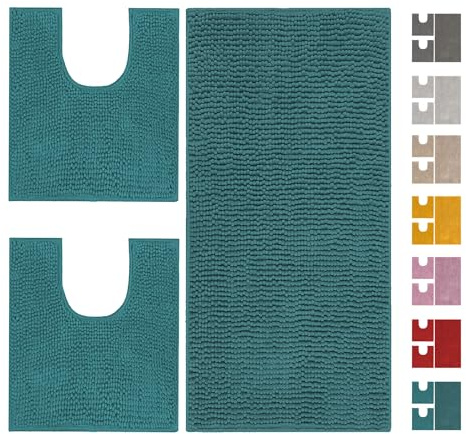 Home Tresor Parure Tappeti Bagno Set 3 Pezzi per Wc e Bidet, Tappeto Microfibra Morbido Antiscivolo Assorbente Giro Water - Petrolio