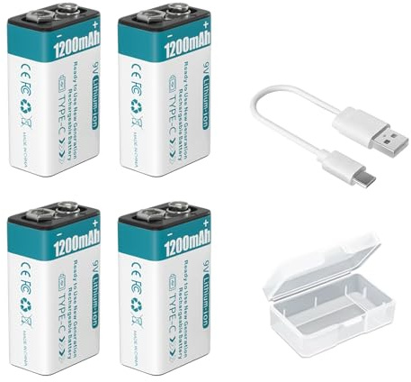 Pilas Recargables de 9V, Alta Capacidad, 1200mAh Energía Larga Duración, Carga Rápida 1,5 Horas, Indicador LED, Recarga USB con Cable para Detectores Humo, Multímetros y Control Remoto (4Pcs)