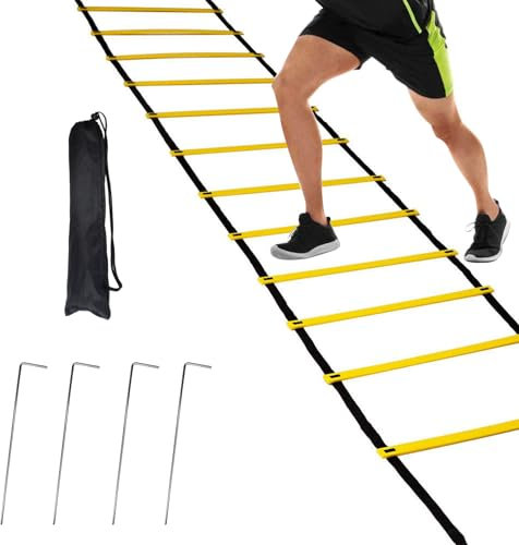 Trainingsleiter 6m mit Tasche und 4 Heringen Fußball Trainingsset 12 Sprossen Fussball Trainingsset Einstellbar Koordinationsleitern fur Kinder und Erwachsene, Fußballtraining und Boxtraining