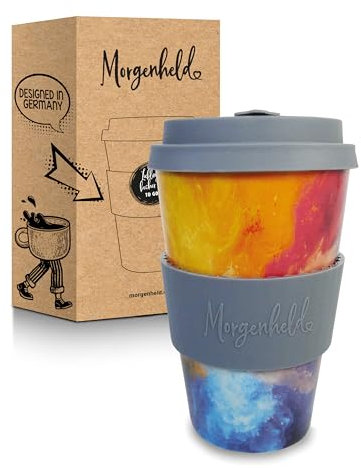 Morgenheld HeyHoly Taza de café para llevar de 380 ml – Taza de café de porcelana con tapa de silicona, sin BPA, sostenible con tapa, sin plástico, perfecta para café, té y viajes