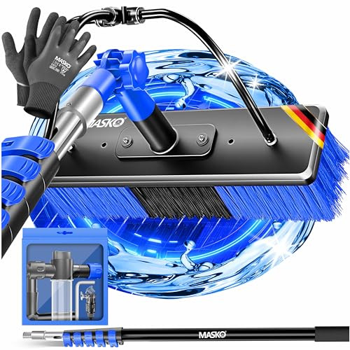 MASKO® Teleskop Waschbürste mit Wasseranschluss 7,2m Reinigungsbürste mit Teleskopstiel Ausziehbar | Teleskopbesen | Fenster & PV-Anlagen-Reinigung | Weiche Borsten Inkl. Seifenspender & Handschuhe