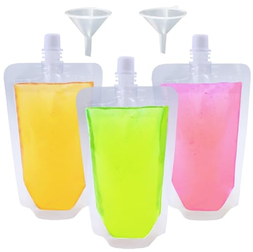 Yelinosk 20PCS Clear Drink Pouches 250ml with Caps and 2 Funnels for Festivals,Leak Proof Alcohol Juice Liquid Pouches Bags, Beverage Bags, Plastic Hip Flask for Parties, Picnic, Travel, Sports