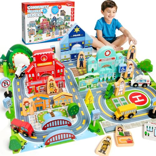 Atoylink Bloques De Construcción De Madera con Figuras, Vehículos Magnéticos, Mapa De La Ciudad, Juguete De Madera Regalo para Niños Niñas De 3 4 5 6 Años