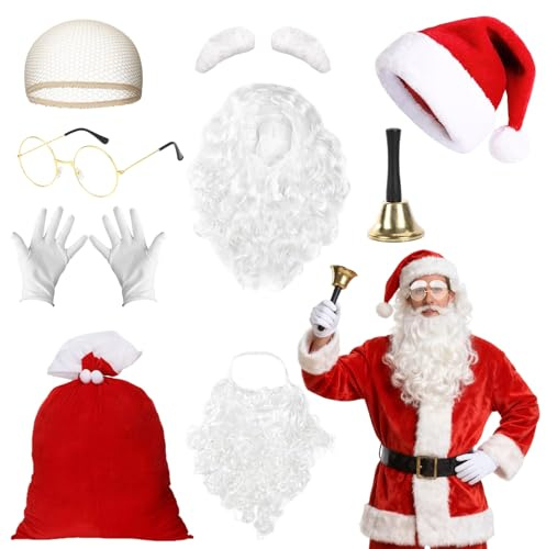Ensemble d'accessoires de Santa Claus 9 pièces, robe de fantaisie de Noël Costume Cosplay avec chapeau, perruque, barbe, bonnet de perruque, lunettes, bell, lunettes, sac pour célébrations de fête de