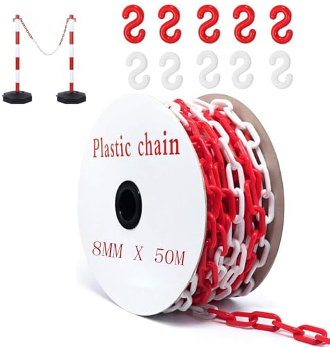 50m Absperrkette Rot Weiß Kunststoff, 8mm Absperrkette Warnkette Absperrung Plastikkette mit 10 S-Haken, Sicherheits-Warnkette aus Kunststoff für die Baustelle, Parkplatz und Auftragspflege