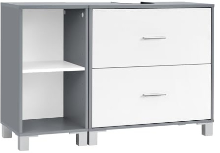 eSituro Meuble sous Lavabo, avec 2 Tiroirs, Découpe pour Siphon 20x14,5 cm et 1 Meuble Latéral avec 2 Compartiments, Cloison Réglable, Blanc, 90x30x60 cm, Blanc + Gris