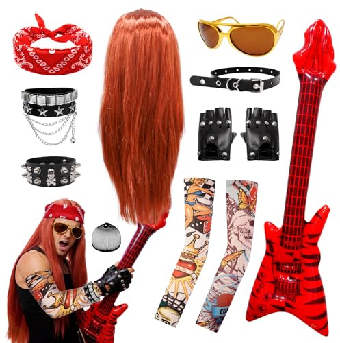 JJKOL 12 Stück Rocker Kostüm Herren, Rockstar Kostüm Kinder 70er 80er 90er Jahre Outfit Herren mit Punk Bandanas und Perücke, Punker Themenkostüm, Männer Damen Verkleidung für Disco Festival Karneval