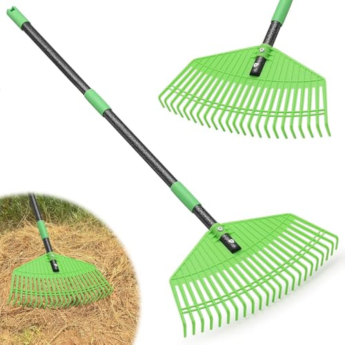 Rastrello per foglie da giardino, 148 cm, in plastica, per prato, testa in nylon infrangibile larga 42 cm, nessun danno all'erba del prato, strumenti per la pulizia di foglie di paglia e aghi di