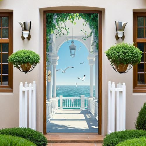 Blau Türtapete Selbstklebend 86x200 cm Balkon Meer Seevögel Türaufkleber Türfolie Vinyl Türposter Abnehmbar Türdeko für Schlafzimmer Bad Küche Büro