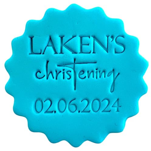 Personalised Cookie Stamp with Free Scallop Cutter, Baptism Christening Communion, 5cm Acrylic Biscuit Embosser, Food-Safe Plastic Baking Tool, Fits M&S All Butter Biscuits (Design 2)