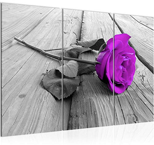 Runa Art Flores Rosas Cuadro Decorativo para Sala XXL Violeta Gris Madera Look 120 x 80 cm 3 Piezas Decoración de Pared 204431b