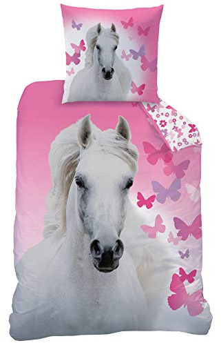 Parure de lit pour Fille – Cheval Blanc et Papillons – Housse de Couette 135x200 cm + taie d'oreiller 80x80 cm