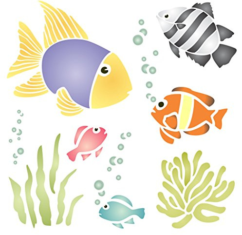 Plantilla de pared con diseño de peces tropicales – Reutilizable de algas marinas Kelp burbujas