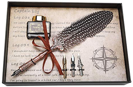 Retro Klassische Quilling Pen, Kalligraphie Feder Dip Quill Pen Schreibtinte Set Briefpapier Geschenkbox mit 3 Federn, Federkiel und Tintenflasche(Schwarz)