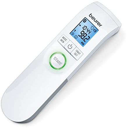 Beurer Bluetooth Non-Contact Thermometer, Forehead, Object, Room Temperature, High Accuracy, XL Blue Illuminated Display, 60 Memory Spaces, White,1 Count (Pack of 1),FT95