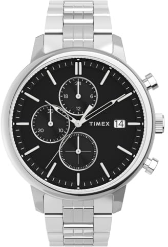 Timex Herren Trend 45mm Uhr - Silber-Ton Gehäuse mit Schwarzem Zifferblatt und Edelstahlarmband TW2V01600
