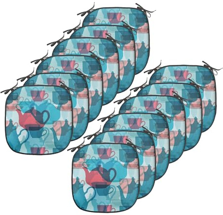 Ambesonne Tea Party Chair Seating Cushion Set of 12, Crockery Composition Abstract Overlapping Silhouettes Teapot and Cups, Anti-Slip Seat Padding for Kitchen & Patio, 16x16, Dark Coral Pale Blue