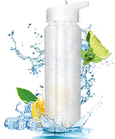 Queiting Water Bottle with Straw 750ml Plastic Gym Bottle for Cold Water Reusable Transparent Gym Bottle for Sport Picnic Traveling Study Cycling (White)