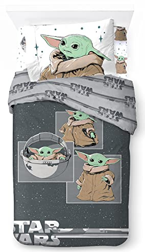 Jay Franco Star Wars Mandalorian nyfiken barn 100 % bomull 3 delar sängkläder set 135 x 200 cm enkelsäng storlek - påslakan + lakan 90 x 200 cm örngott 50 x 70 cm