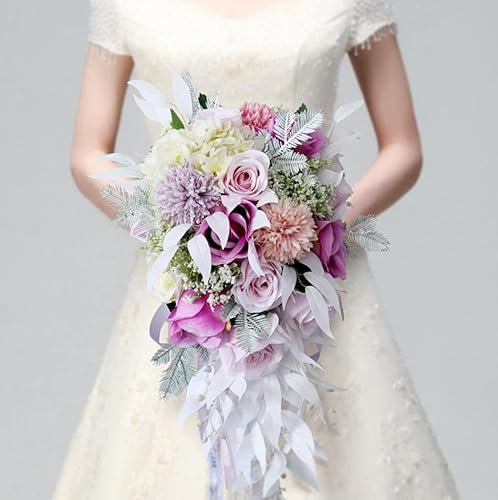 HXSCOO Wasserfall Rosa weiße Hochzeitsblumen Brautsträuße Künstliche Hochzeitssträuße Rose (Color : F)