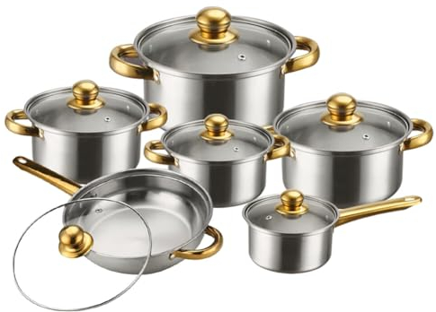 Set di pentole in acciaio inossidabile, 12 padelle e pentole, con coperchio in vetro temperato, batteria da cucina induzione, 16 cm/18 cm/20 cm/22 cm/24 cm/24 cm, regalo di appendere cremagliera