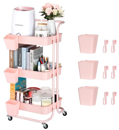 Bemece 3 Tier Trolley, Storage Trolley on Wheels with PP Draining Basket for Kitchen Bathroom Laundry and Office(Pink)