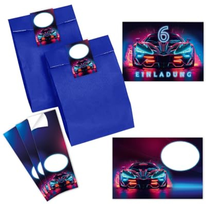 Minkocards 12 Einladungskarten zum 6. Kindergeburtstag Junge Auto Rennauto Einladungen sechste Jungsgeburtstag Rennwagen incl. 12 Umschläge, 12 Partytüten/blau, 12 Aufkleber