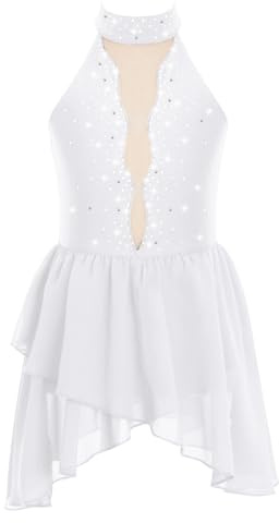 CHICTRY Abito da Pattinaggio Artistico Bambina Paillettes Tutu Vestito Danza Classica Body da Balletto Abito da Ballo Latino Ballerina Costumi di Danza Jazz Performance Bianco C 15-16 Anni