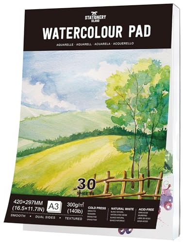 STATIONERY ISLAND Watercolour Paper A3 Pad, 30 Sheets Water Colour Paper 300gsm, Glue Bound, Cold-Pressed Texture, Watercolour Sketchbook for Painting, Drawing, Sketching and Mixed Media