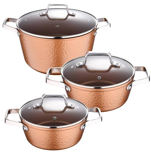 Kollektion Origen: Set mit 3 Kochtöpfen mit Glasdeckel, 20, 24 und 28 cm, geschmiedetes Aluminium, für Induktion geeignet