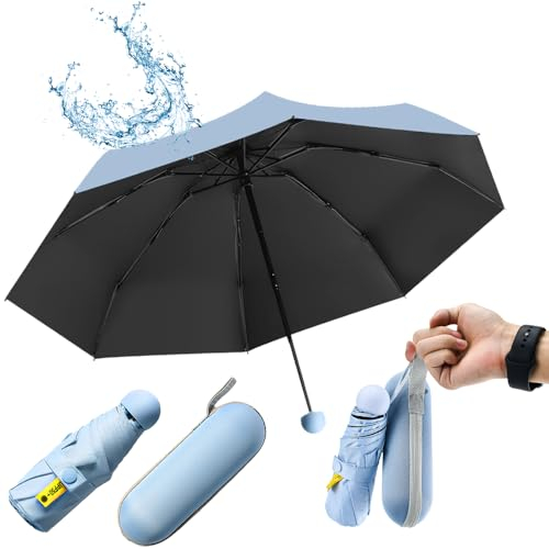 SLTAXAR Mini Paraguas con Estuche, Paraguas Plegable Pequeño con 8 Varillas, Paragua de Bolsillo para Mujer y Hombre, Paragua Compacto Portátil para Sol y Lluvia (Azul)