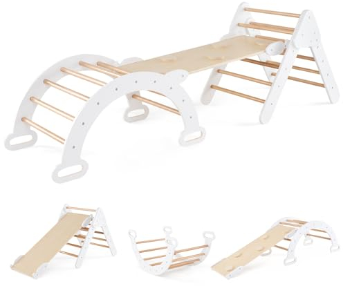DREAMADE Montessori Kletterdreieck mit Kletterbogen und Rutsche, Holzdreieck für Kleinkinder ab 1 Jahre, Kletterspielzeug, Indoor Klettergerüst Rutschen und Klettern (Weiß)