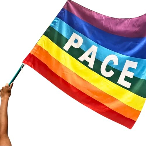 Bandiera della Pace 60 x 90 cm - con Passante per Asta - Bandiera Arcobaleno con Scritta PACE - Bandiera Gay Pride, Lbgtq, Accessori Pride, Bandiera della Pace
