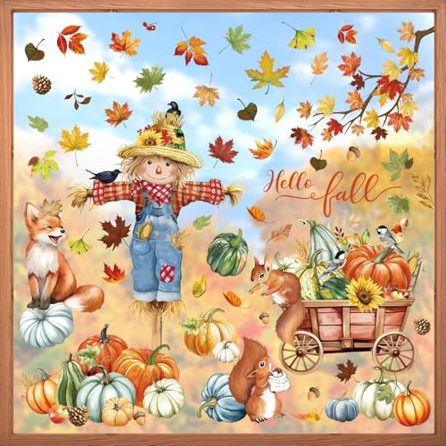 decalmile Thanksgiving pumpa djur fönster klamrar fågelskrämma räv ekorre höst löv dubbelsidig fönsterdekaler anti-kollision fönster glas dörrar fönster klistermärken