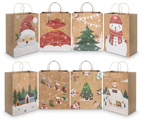 CHARMGIFTBOX 24 Stück Geschenktüten aus Kraftpapier für Weihnachten, 23 x 18 x 10 cm Party Tüten für Geschenke, Papiertüten mit Griff für Weihnachtsfeier Gastgeschenke Austausch