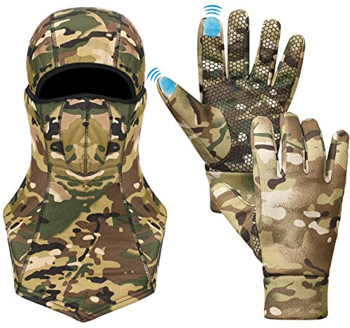 Hestya Gants de Chasse Camouflage pour Hommes Cagoule de Chasse Couvrant Tout Le Visage Gants Camouflés Coupe-Vent Antidérapants(L,Série d'écrans Tactiles)