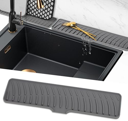 Volminex Silicone Faucet Mat for Sink, Narrow Kitchen Sink Splash Guard, Faucet Handle Drip Catcher Tray, Draining Mat for Sink Protector, Tap Drain Mats for Kitchen Bathroom Counter (Grey, 42 cm)