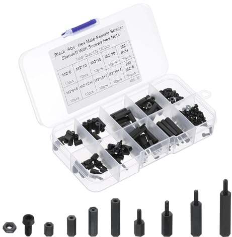 PATIKIL 180 Stück M2 Nylon Männlich Weiblich Hex Schrauben Nuss Sortiment | Kit, PCB Board/Platinen Sechskant Gewindemutter Abstandsbolzen Abstandshalter Spacers Standoffs, Schwarz