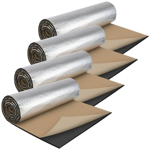 Self Adhesive Reflective Aluminium Foam Insulation 10mm Thick with Kraft Tin Foil Radiator Insulation Foil Reflector Sound Deadening Mat Foils Insulations for Floor Roof Garage Door 200x50cm 4PCS